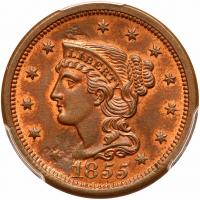 1855 N-10 R1 Italic 55 PCGS graded MS63 Red & Brown