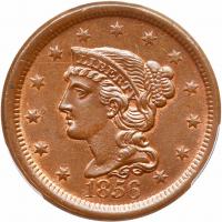 1856 N-2 R1 Italic 5 PCGS graded MS63 Brown, CAC Approved