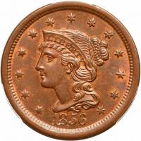 1856 N-13 R1 Italic 5 PCGS graded MS64 Red & Brown, CAC Approved