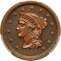 1857 N-5 R5+ Small Date Proof-Only PCGS graded PR64 Brown