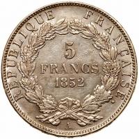 France. 5 Francs, 1852-A (Paris) EF to About Unc - 2