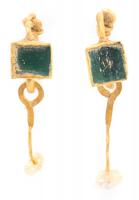 Ancient Roman Earrings, 1st-2nd Century A.D. in 23K Yellow Gold with Square Emeralds and Tiny Pearls
