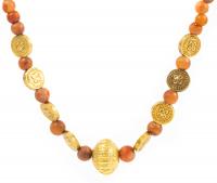 Outstanding Ancient Carnelian, Agate and High Karat Yellow Gold Bead Necklace