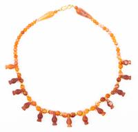 Unusual Ancient Carnelian Round Bead Necklace With 12 Amphorae Shaped Accent Beads and a 22K Yellow Gold Clasp