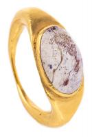 Impressive Ancient Roman 23K Yellow Gold Ring with a Carved Intaglio Side Portrait of a Young Male in Cream and Red Agate Facing