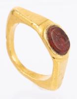 Unusually Shaped 23K Roman Yellow Gold Ring from 1st-2nd A.D. with Carnelian Intaglio of a Dolphin Fish