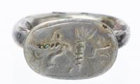 5th Century B.C. Egyptian Silver Ring with Compelling Engravings of Three Characters