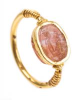 Egyptian Carnelian Swivel Scarab Ring in High Karat Yellow Gold, 5th Century B.C.