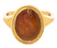 22K Yellow Gold Modern Ring with Ancient Agate Intaglio of a Bird of Prey