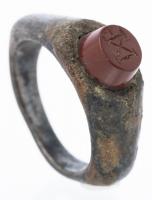 Roman 4th Century A.D. Bronze Ring with Raised Carnelian Etched with Letters IXE