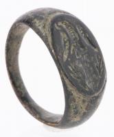 Bronze Ring 2nd Century A.D. Engraved with Three Birds Atop Foliate Details