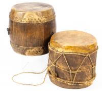 Two Rustic 19th Century Chinese Hide and Wood Drums Boasting Great Visual Appeal and in Exceptional Condition.