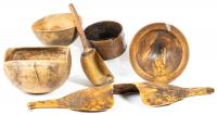 Outstanding Collection of 4 Vintage Wood Bowls, Yoke and a Superb Scoop, All From Various Territories in Africa.