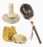 Assorted Indigenous Artifacts: Outstanding Grinding Stone, Pueblo Indian Dance Rattle, Painted & Etched Mandala on Conk, and Med