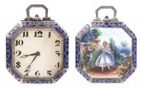 Deutsches Reichs-Gerauchsmuster (D.R.G.M.) German Silver Ladies Pocket Watch with Beautiful Hand Painted Enamel Work and Emerald