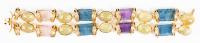 Beautiful Laura Munder 18K Yellow Gold Chunky Bracelet of Citrine, Amethyst and Pink and Blue Tourmaline.