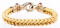 Women's Dual Link Chain 18K Yellow Bracelet. One Textured, the Other Polished, with Large Unusually Ornate Clasp with Four Ruby