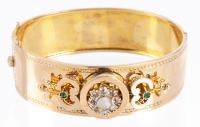Unusual 14K Rose Gold Vintage Bracelet with 8 Old European Cut Diamonds and Two Emerald Accents