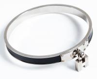 Authentic Hermes Black Leather and Silver H Charm Bracelet