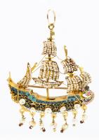 Magnificent Early 20th Century 18K Yellow Gold Revival Brooch or Pendant of a Tall Ship with Seed and Baroque Pearls and Lovely