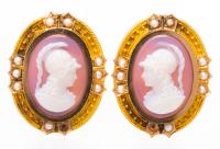 Victorian 18K Yellow Gold Earrings with Athena Facing Left and the other Facing Right Beautifully Set wth a Bezel of Detailed Fi