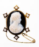 Beautiful and Fine Victorian Era Cameo 14K Yellow Gold Brooch Boasting an Exquisitely Carved Goddess with Security Chain in and