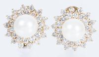 Lady's 14K Yellow Gold, Diamond and Pearl Clip Earrings Having Approximately 1.75 Carats