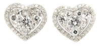 Lovely Pair of Women's Heart-Shaped, Diamond Pave and Halo, 14K White Gold Stud Earrings with Exceptional Fire.