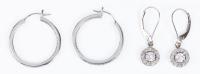 Two Pair of 14K White Gold Earrings with Diamonds. Pair of Drop Earrings Each with Â½ Carat Diamond + Pair Hoop Earrings with Me