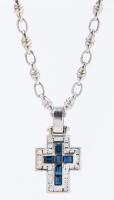 Men's 14K White Gold Fancy Chain Necklace and Cross Pendant with Sapphires and Diamonds