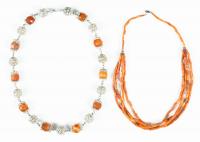 Egyptian Sterling Silver and Hand Faceted Amber Bead Necklace Plus a Coral Bead Necklace