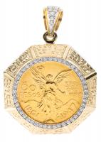 Men's or Lady's 50 Peso Gold 37.5 Grams of Pure Gold Carefully Mounted in 14K Yellow, 30 Gram Gold Bezel with 1.3 Carats of Diam