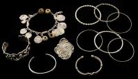 Great Collection of Unusual Sterling Silver Pieces: Three Cuffs, Colonial Spanish Cob Bracelet, Art Nouveau Pin and 6 Bangles