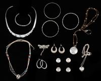 Collection of Sterling Silver Bangle Bracelets, Necklaces, Button Caps, Pin and Collar.