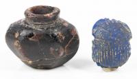 WITHDRAWN - Two Rare Examples of Egyptian Glass: Cobalt Blue Scarab and Small Crude Perfumed Oil Bottle