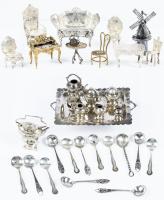 14 Charming Sterling Silver Dollhouse/Miniatures and Yellowstone Park Salt Cellar Spoons plus Miniatures in Antiqued Gilt Gold