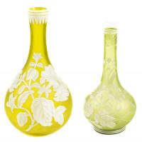 English Cameo Art Glass Vase in White on Citron Green Colored Glass, Most Likely Thomas Webb