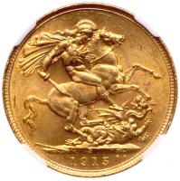 George V (1910-36), gold Sovereign, 1915-S, Sydney Mint. NGC MS63. - 2