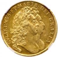 William and Mary (1688-94), gold Five Guineas, 1692. NGC MS61+.