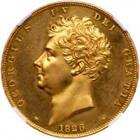 George IV (1820-30), gold proof Five Pounds, 1826. NGC PF61 Cameo.
