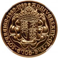 Elizabeth II (1952 -), gold Five Pounds, 1989, 500th anniversary of the Sovereig - 2