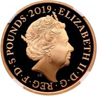 Elizabeth II (1952 -), gold proof Five Pounds, 2019, Tower of London Series, The