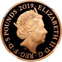 Elizabeth II (1952 -), gold proof Five Pounds, 2019, Tower of London Series, Leg