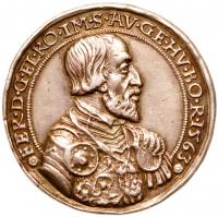 Maximilian II, with Maria of Spain and Ferdinand I. As King of Hungary and Bohemia, 1563-1576. Silver Coronation Medal, 1563