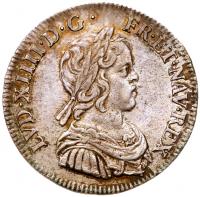 Louis XIV (1643-1715). Silver Â¼ Ecu Ã  la mÃ©che courte, 1644-A