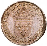 Louis XIV (1643-1715). Silver Â¼ Ecu Ã  la mÃ©che courte, 1644-A - 2