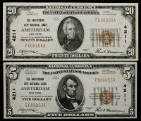 $5 & $20 National Bank Note Pair. Amsterdam City NB. Ch. #4211. Fr. 1800-1, 1802-1.