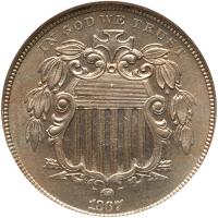 1867 Shield 5C. No Rays NGC MS64