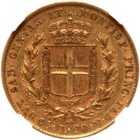 Italian States: Sardinia. 20 Lire, 1849-P NGC AU55 - 2