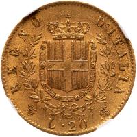 Italy. 20 Lire, 1865 T BN NGC AU58 - 2